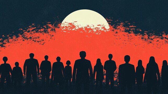 Halloween gathering under a blood moon community event digital art grunge style dark atmosphere