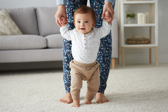 Baby learning to walk with parent support at home