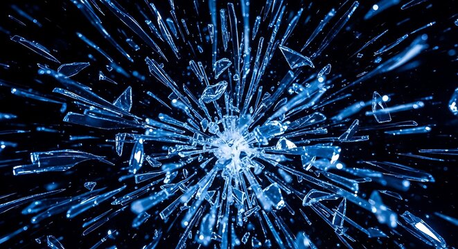 Abstract background of shattered glass shards exploding outwards in a radial pattern with blue lighting