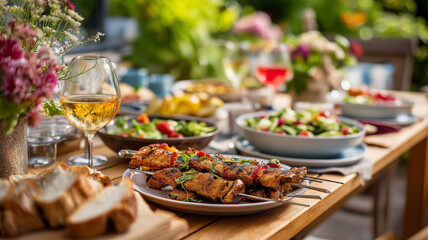 Fototapeta premium Delightful barbecue feast with grilled delicacies and fresh salads on a sunny afternoon Generative AI