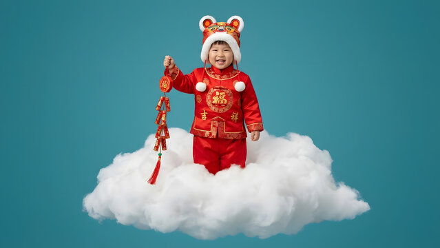 Child in red traditional outfit on cloud