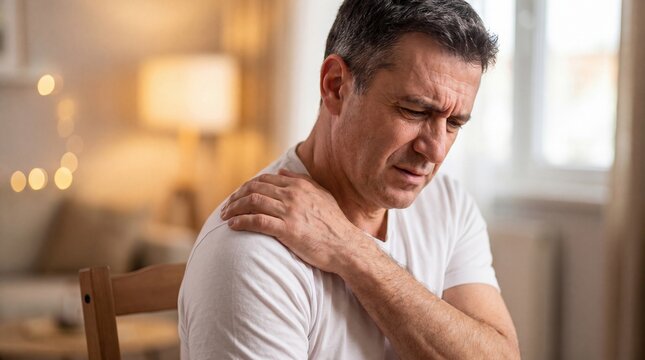 Middle-aged Caucasian man with short dark hair sitting in a chair, holding his shoulder in pain. Soft indoor lighting creates a warm atmosphere.