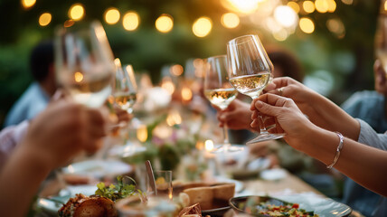Naklejka premium Cheers and laughter fill the air as hands raise glasses in celebration during a warm evening gathering Generative AI