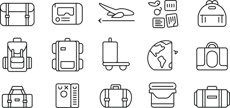 Travel icons, luggage symbols, airport signs, 20 outline style travel-related graphics