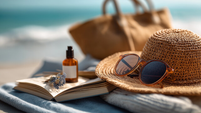 Stylish beach essentials complete with sun hats and sunglasses on a sunlit shore Generative AI