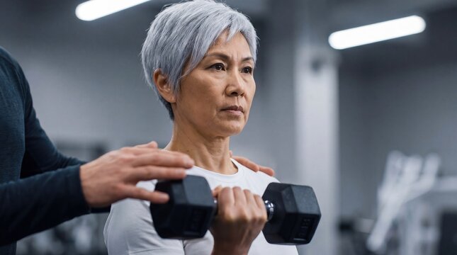 Senior Asian woman with short gray hair lifts a dumbbell in a gym. A trainer assists her with proper form. Focus on fitness and strength training for older adults.
