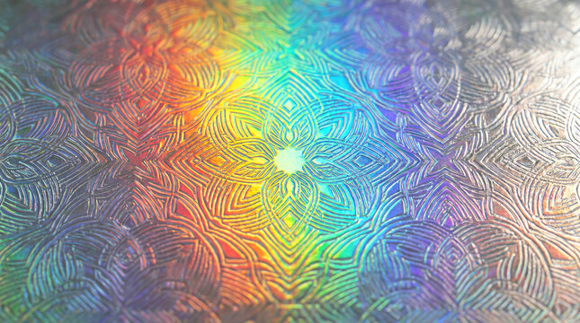 Holographic Security Foil with Rainbow Color Shift Across Silver Embossed Pattern