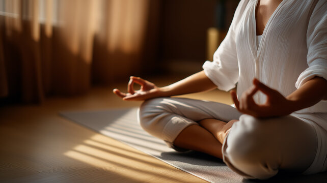 Meditation in a tranquil room, a person in white attire finding peace and focus on a sunny afternoon Generative AI