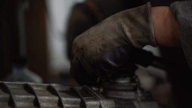 A car mechanic tightens a bolt into a spare part at a service center.