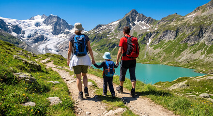 Fototapeta premium Family on holiday hike walking mountain path towards glacial lake