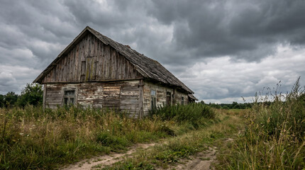 Obraz premium old wooden barn in overgrown field.