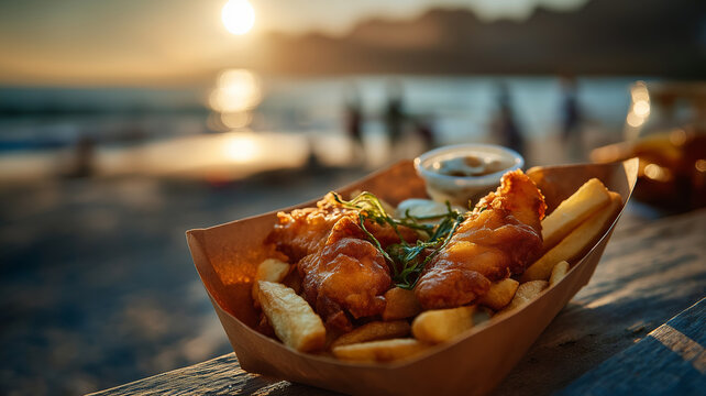 Delicious fish and chips served on the beach at sunset, adding flavor to the peaceful evening Generative AI