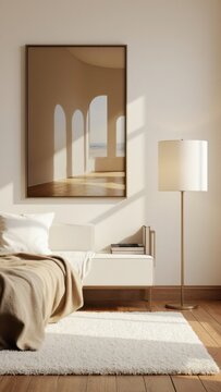 The image shows a modern bedroom with natural light from the rising sun creating a beautiful reflection in a large mirror on the wall. 