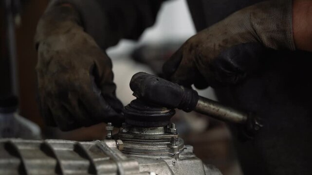 A mechanic tightens a bolt in a repaired transmission.