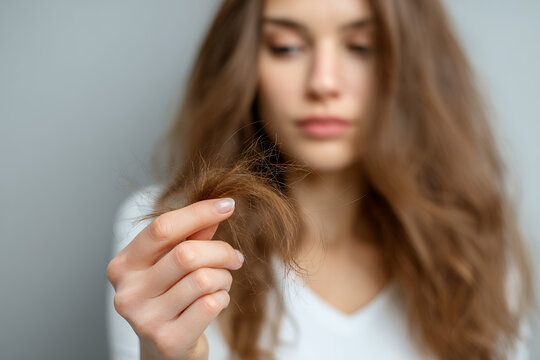 Woman holding damaged hair strands showing hair loss and split ends