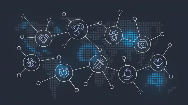 CRM animated banner with line icons. Customer relationships. Email management, advanced analytics. Outline symbols on dynamic background. HD video for website header and presentation
