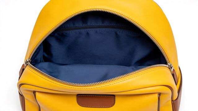 Open yellow leather backpack with blue lining