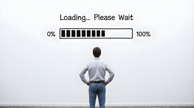 Man waiting for loading progress bar to complete symbolizing patience and anticipation in digital technology