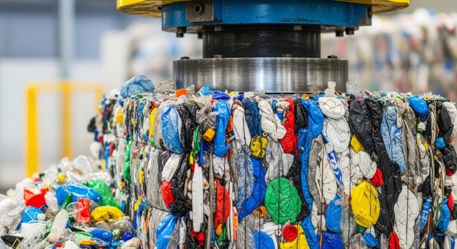 Industrial plastic compactor pressing waste into dense bale at recycling factory. Heavy machinery managing post-consumer garbage for sustainable environmental waste processing management.
