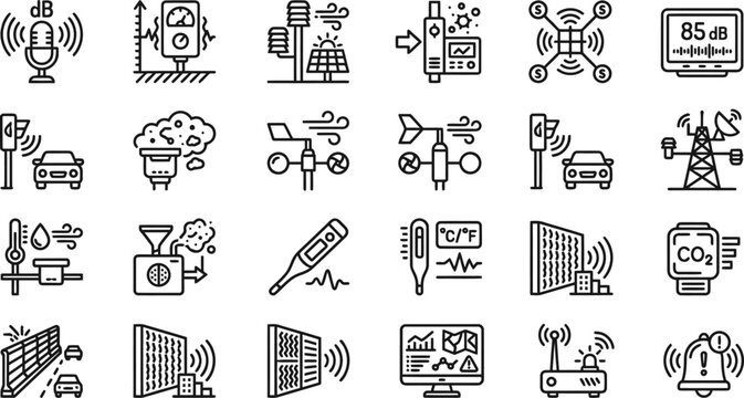 Environmental monitoring vector icons set, black line icons noise sensors, air quality, pollution detection, climate nodes, CO2 detectors CAD