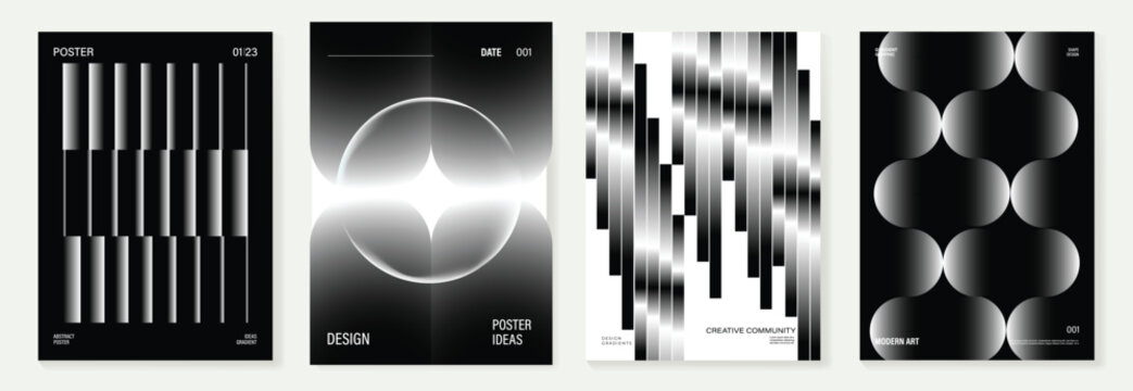 Abstract black and white gradient poster set with halftone dots, blurred light shapes and modern geometric layout vector.