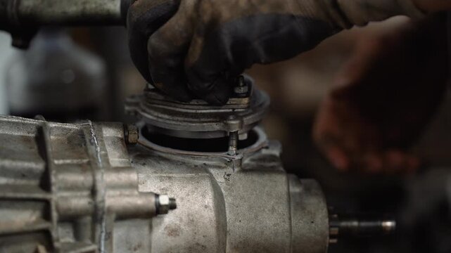 A car mechanic repairs and installs a control lever into a gearbox.