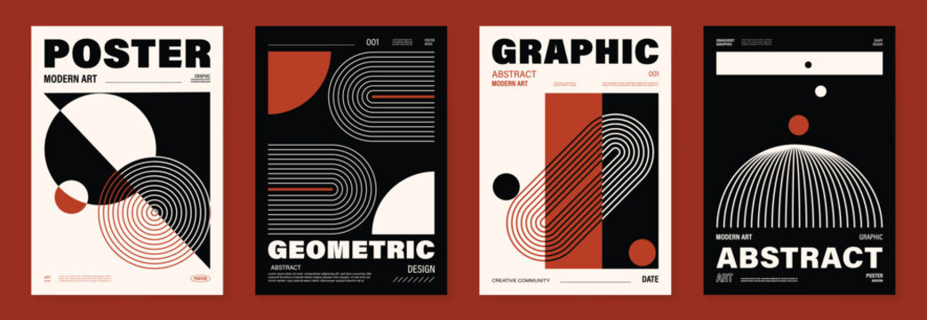 Mid Century Modern abstract geometric poster set with orange black cream shapes, retro minimal art print template vector.