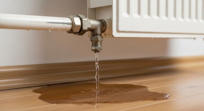 Water leaking from a home radiator valve onto a wooden floor. Plumbing failure and pipe damage causing indoor flood. Maintenance and repair issue for residential heating system unit.