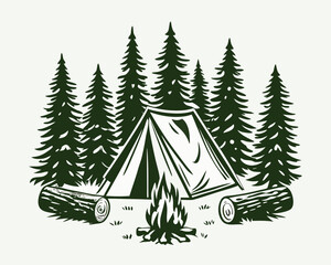 Camping scene illustration with tent trees and campfire © Indira