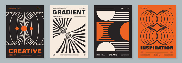 Plakat Mid Century Modern abstract geometric poster set with orange black cream shapes, retro minimal art print template vector.