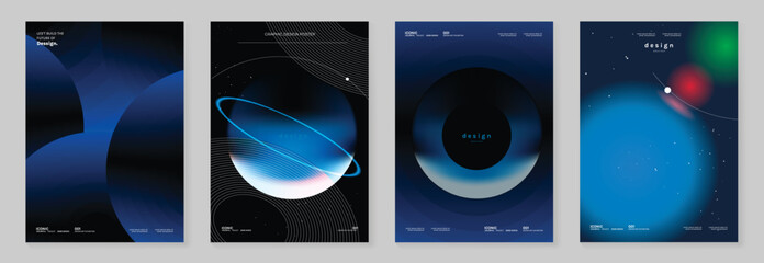 Abstract blue gradient glowing poster set with futuristic glass shapes, neon light effects and modern geometric layout vector. Design for poster, cover, banner, brochure, branding and social media.