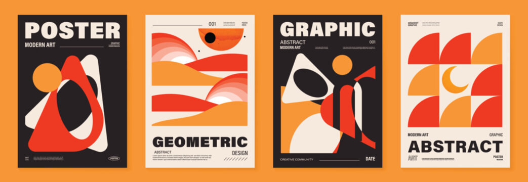 Mid Century Modern abstract geometric poster set with orange black cream shapes, retro minimal art print template vector.