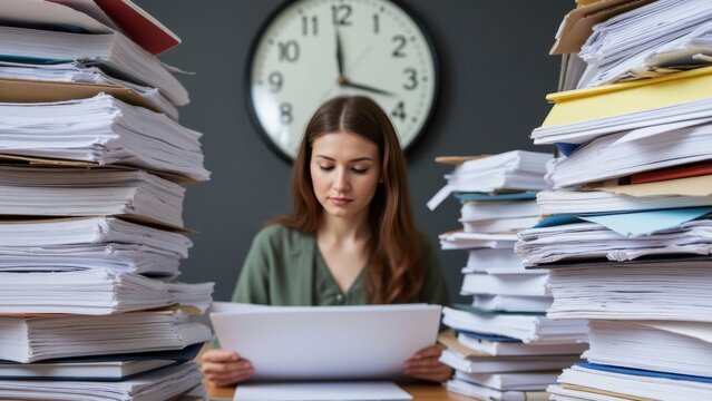 A professional woman buried under piles of documents and paper files in her office, with a clock on the wall showing the time.