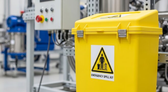 Yellow emergency spill kit container in chemical plant. Industrial safety equipment for containment of hazardous material leak. Occupational health and safety and environmental protection.