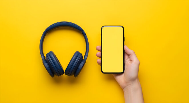 Minimalist flat lay with headphones and smartphone on bright yellow background