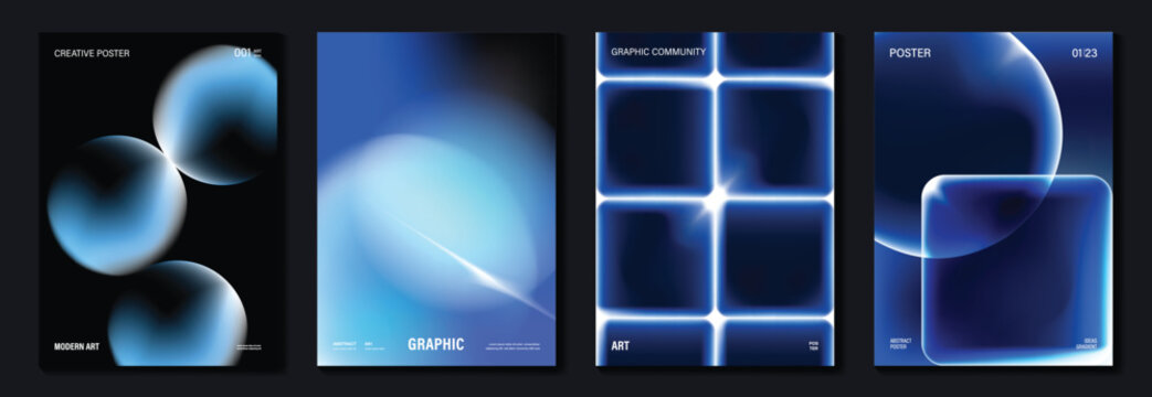 Abstract blue gradient glowing poster set with futuristic glass shapes, neon light effects and modern geometric layout vector. Design for poster, cover, banner, brochure, branding and social media.