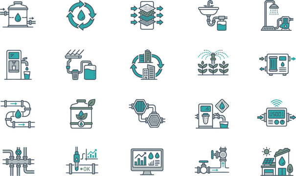 Greywater recycling vector icons set, water reuse system symbols, filtration, treatment units, pipelines, sensors, sustainability hubs CAD design