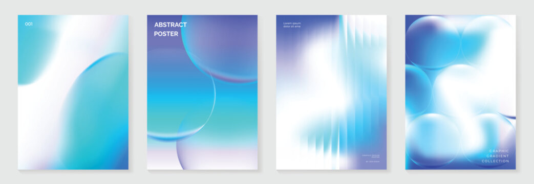 Abstract blue gradient glowing poster set with futuristic glass shapes, neon light effects and modern geometric layout vector. Design for poster, cover, banner, brochure, branding and social media.
