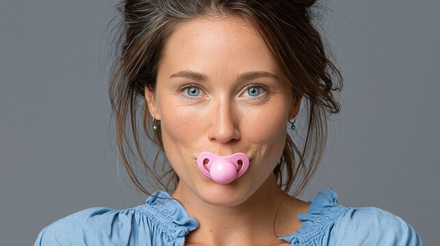 Woman holds pink pacifier. Blue eyes meet the viewer directly. Rough, tousled hair frames her face. Light blue top with ruffled neckline. Studio lighting highlights her features