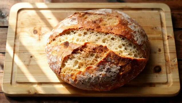Freshly baked rustic sourdough bread loaf on wooden cutting board