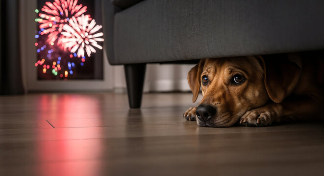 Dog hiding under couch during fireworks symbolizing fear