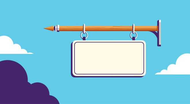 Blank rectangular white hanging sign board suspended from a wooden pole against a clear blue sky with some purple clouds.