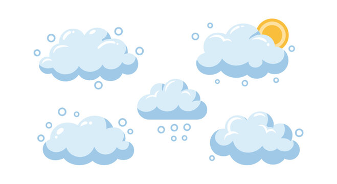 Weather icon set showing different cloud formations with symbols for sun, rain, and snow on a clean white background.