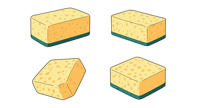 Set of four yellow household cleaning sponges shown from various perspectives for dishwashing and kitchen chores.