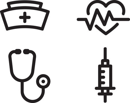Medical icons set of nurse hat heart rhythm stethoscope and syringe vector illustration with medical