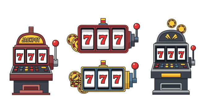 Set of various slot machine designs featuring lucky triple seven jackpots and shiny gold coins for gambling and casino concepts.