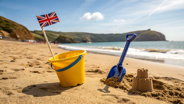 bright yellow beach bucket with uk flag and sand toys on sunny coastal shore