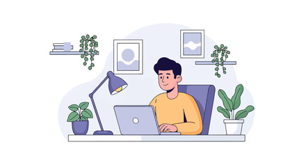 Fototapeta premium Young man working on laptop at home office with plants and pictures