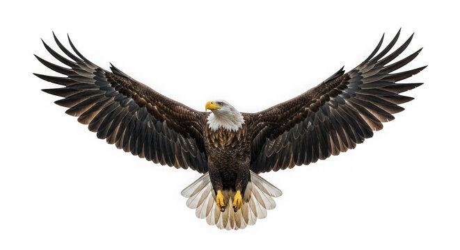Bald eagle in flight with wings spread wide isolated on transparent background
