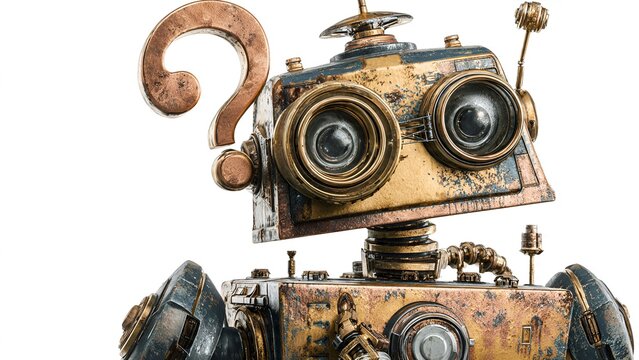 Intricate steampunk robot crafted from weathered brass and dark metal, featuring large camera-like